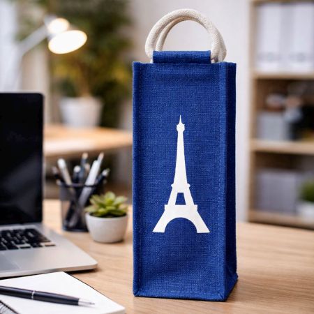 Blue Eco Friendly Jute Single Bottle Bag Handmade